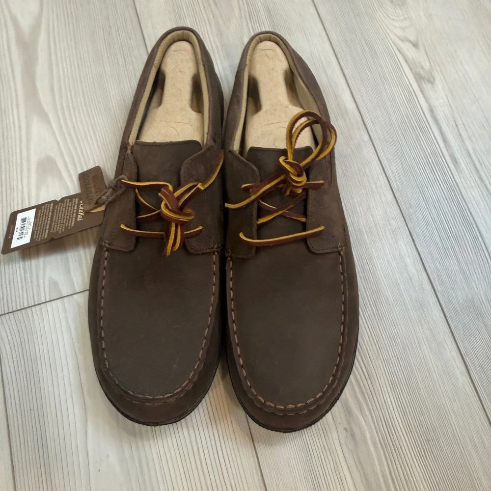 NEW OluKai Mano Mens Leather Boat Shoes Dark Wood Brown Loafers Size 14